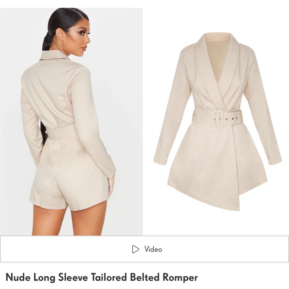 NWT PrettyLittleThing nude long sleeve tailored belted romper size 6